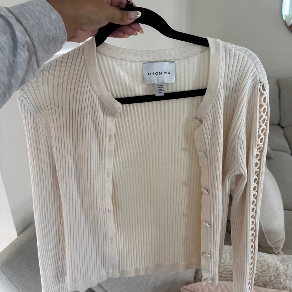 Jason Wu Ivory Ribbed Cardigan with Lace Detail